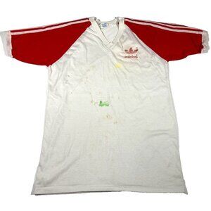 Adidas Trefoil Vintage Striped V-Neck T-Shirt DISTRESSED Medium 70s 80s Ringer